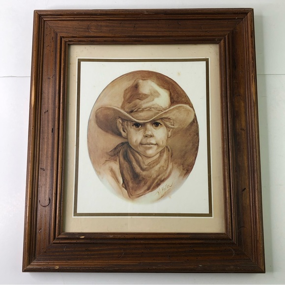 Vintage Wood Framed Art Print Signed Artist Vel Miller Young Cowboy Girl 1970s - Picture 2 of 11